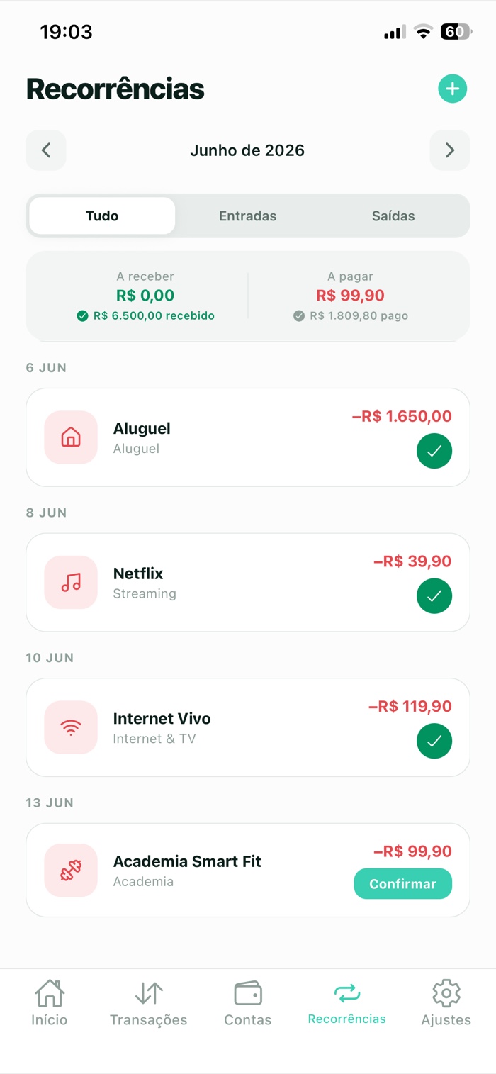 Recorrências e contas fixas do mês