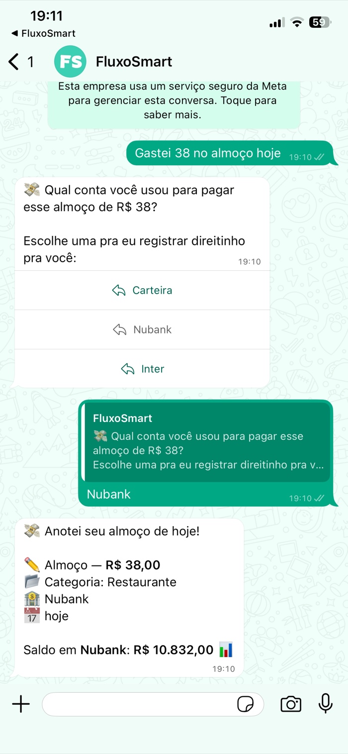 Conversa no WhatsApp: usuário registra um almoço de R$ 38 e o assistente confirma a transação com categoria, conta e saldo atualizado
